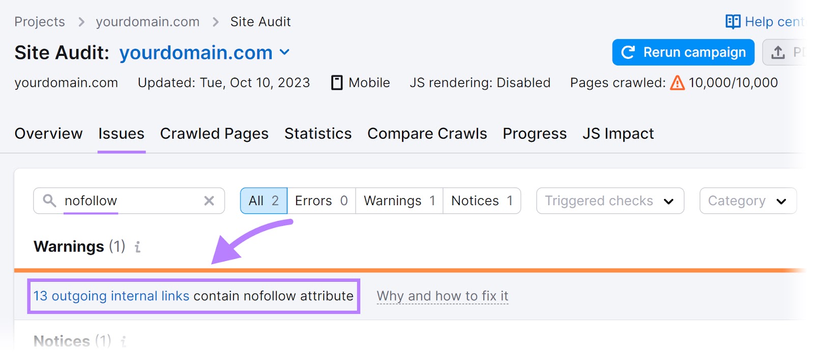 Results for "nofollow" search in Site Audit's "Issues" tab