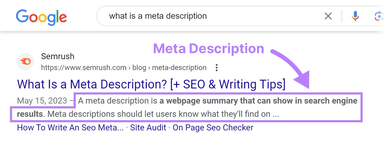 An example of meta description in search results