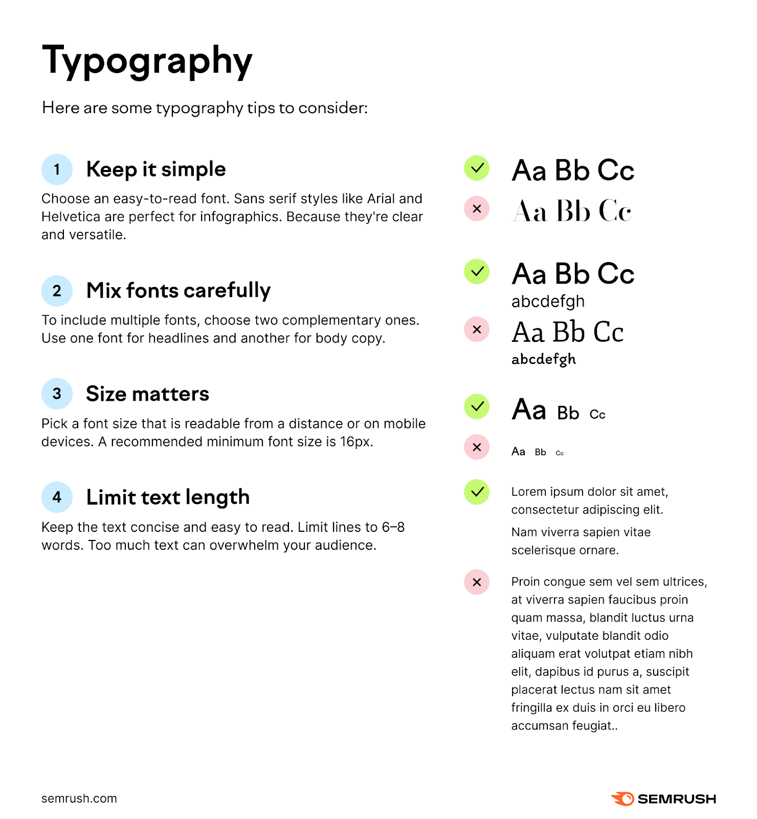 Semrush's infographic on typography, listing the four typography tips for infographics