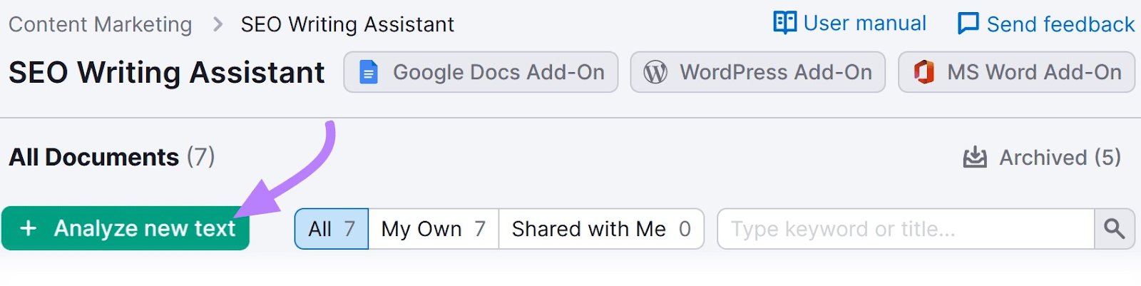 “+ Analyze new text” button highlighted under SEO Writing Assistant