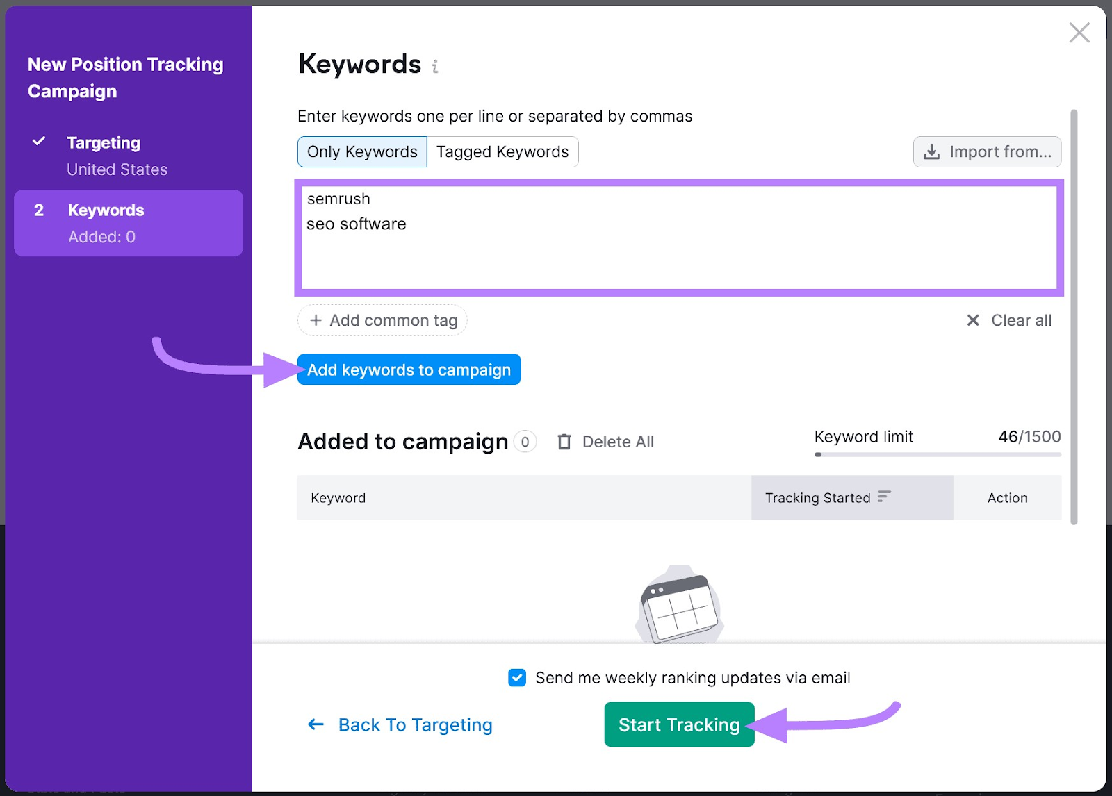 "Keywords" window in the Position Tracking tool settings