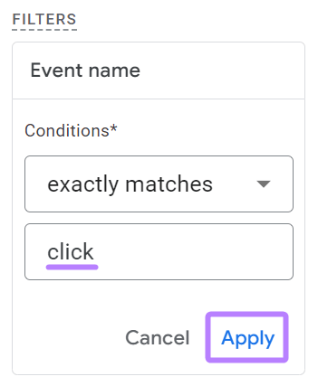 Filter set so the event name exactly matches the ‘click’ event