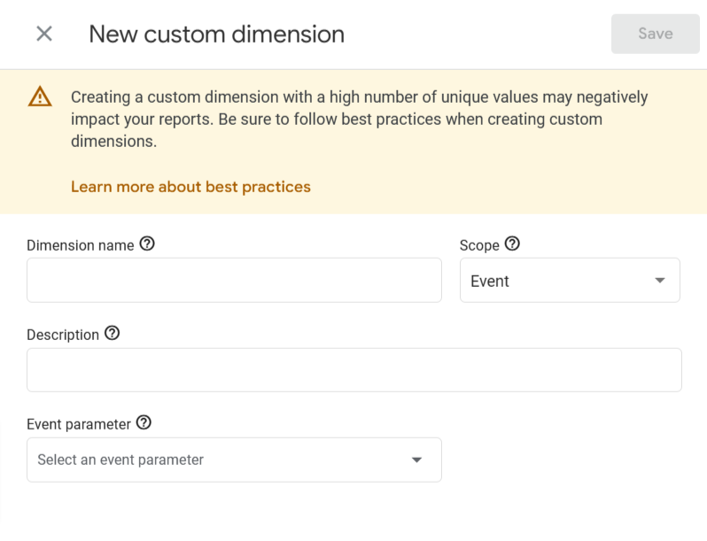 "New custom dimension" window in GA4