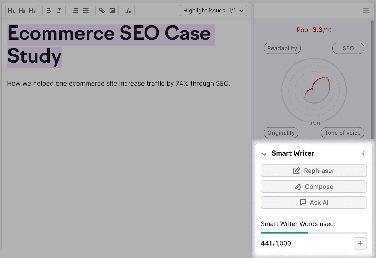 “Smart Writer” feature highlighted in SEO Writing Assistant editor