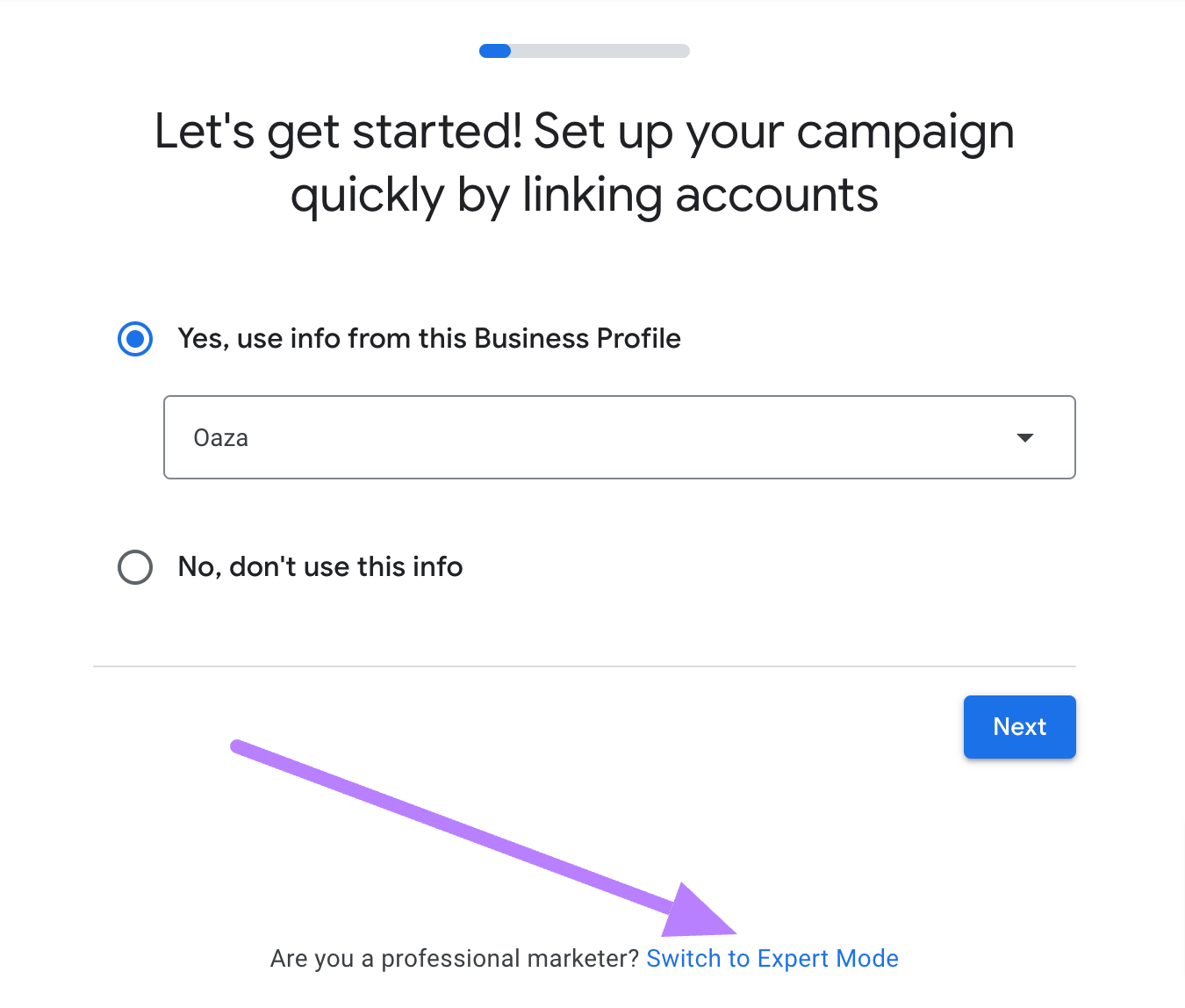 "Let's get started! Set up your campaign quickly by linking accounts" window in Google Ads