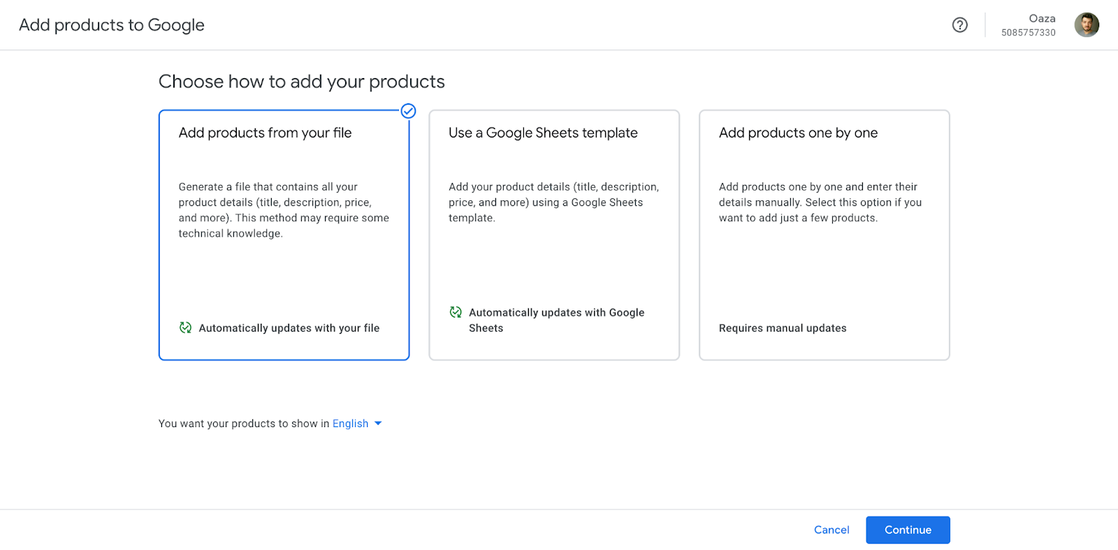 “Add products from file” option selected under "Add products to Google"