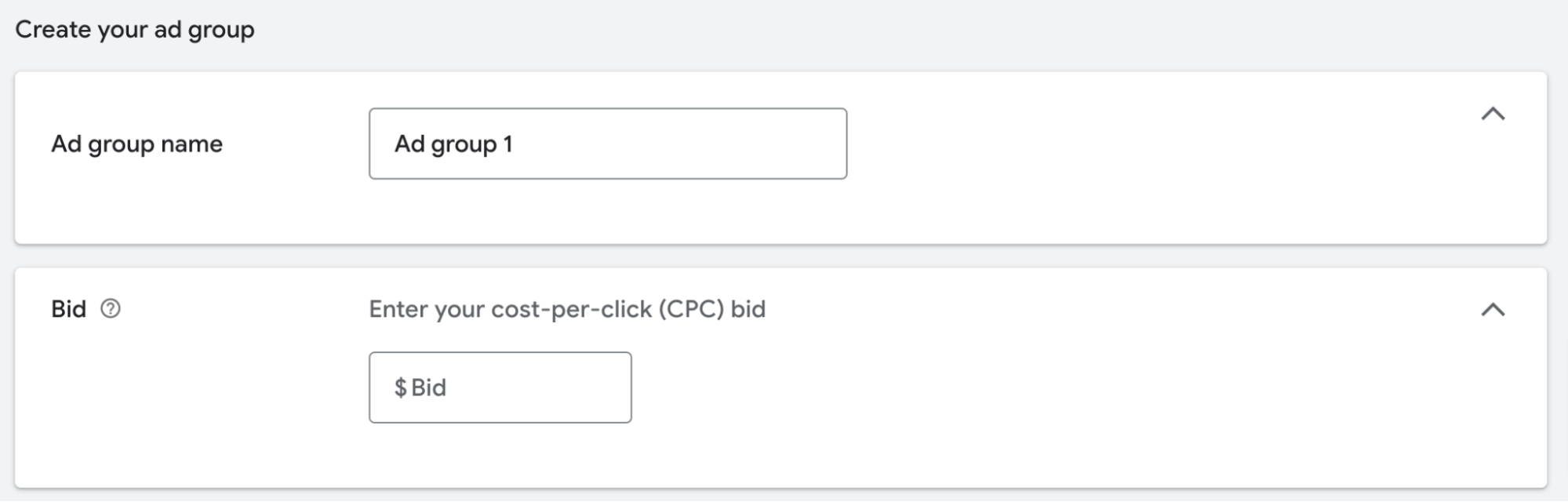 "Create your ad group" section in setting up Google Ads
