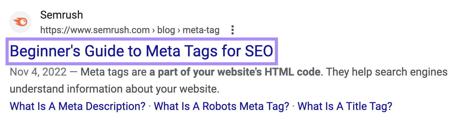 "Beginner's Guide to Meta Tags for SEO" title tag on Google SERP