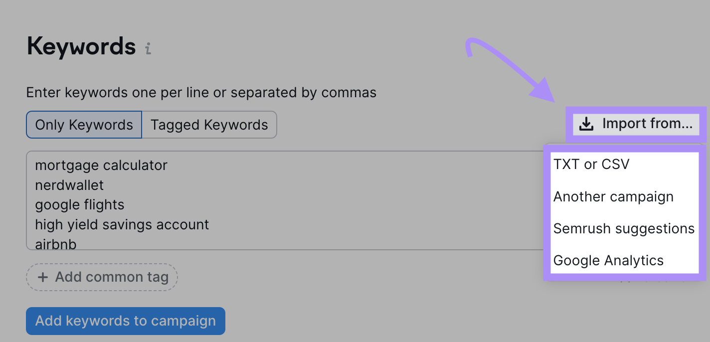 “Import from…” drop-down menu with "TXT or CVS" "Another campaign" "Semrush suggestions" and "Google Analytics" options