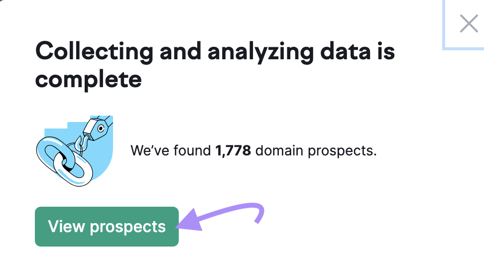 "Collecting and analyzing data is complete. We've found 1, 778 domain prospects" message
