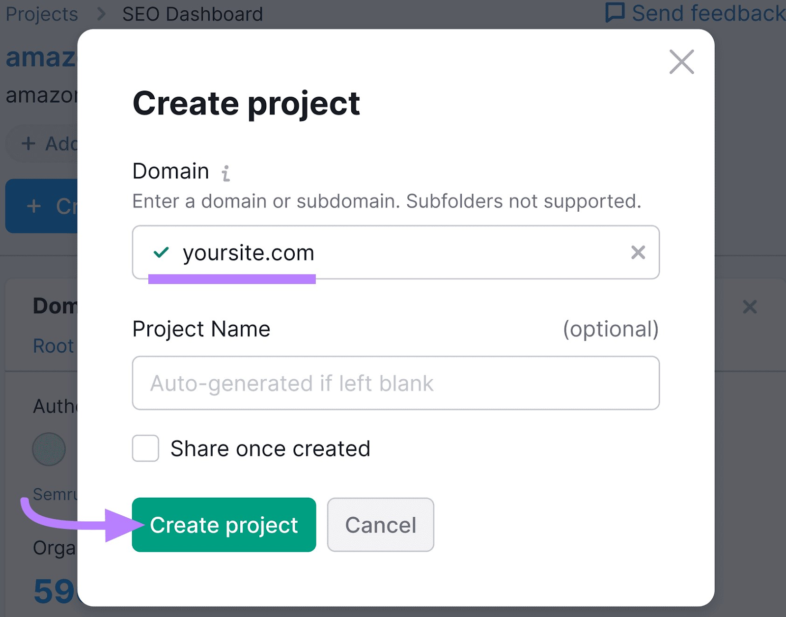 “Create project” pop up window