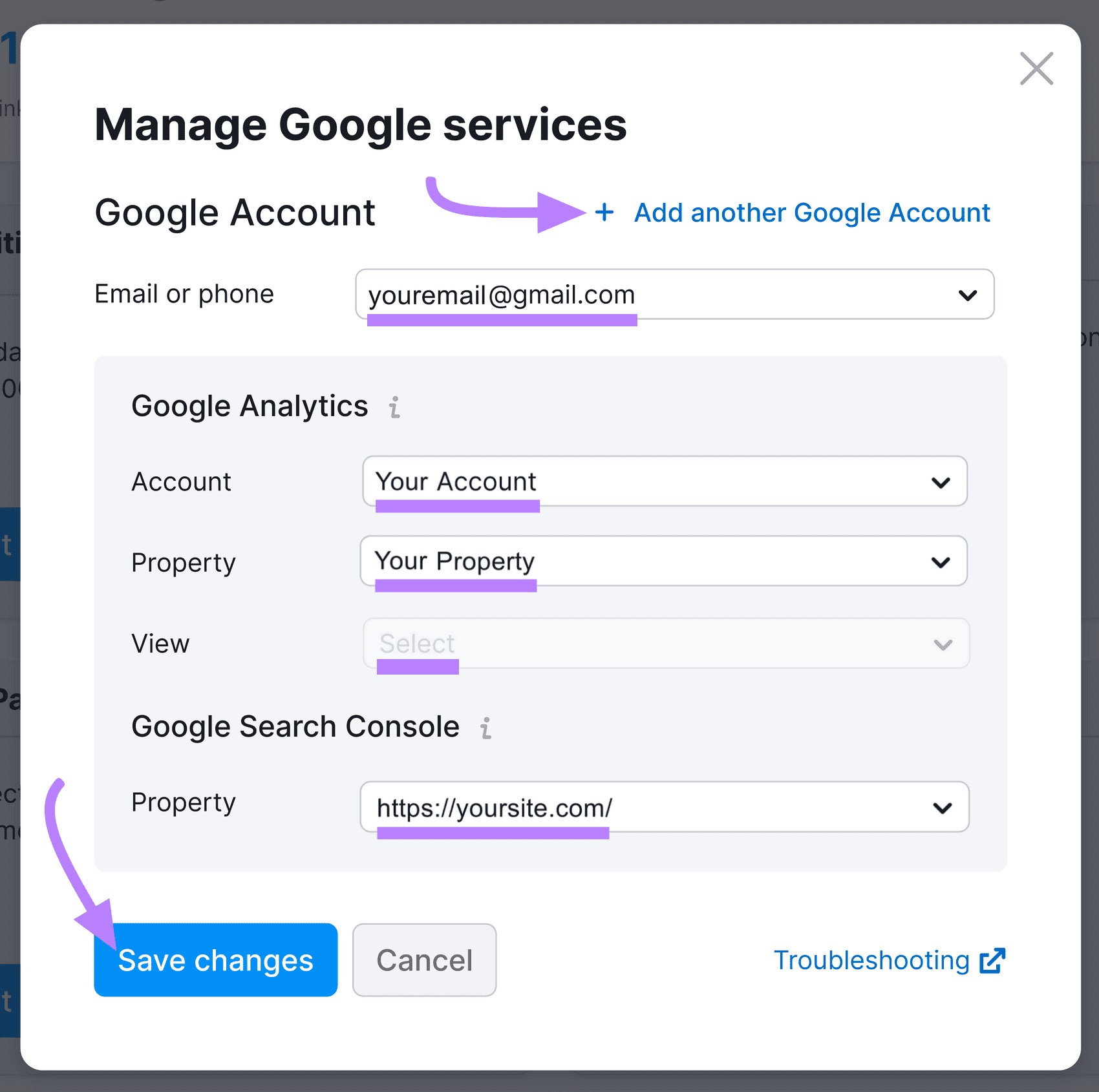 “Manage Google services” dialogue box