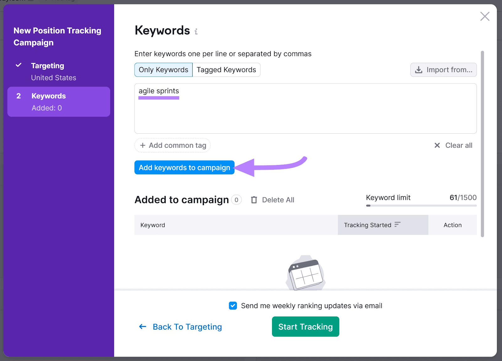 "agile sprints" added to "Keywords" screen in Position Tracking Settings