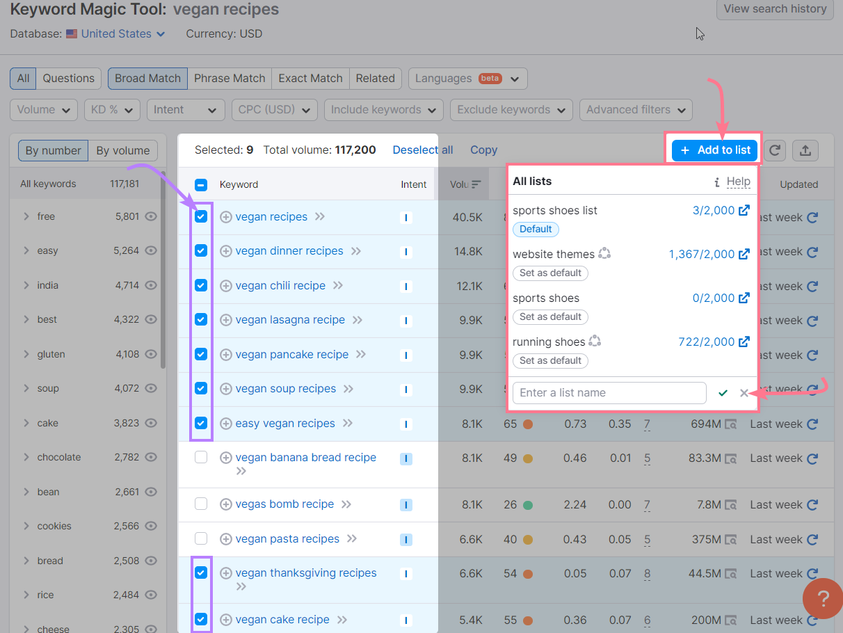 Selecting keywords from Keyword Magic Tool's ideas list for "vegan recipes"