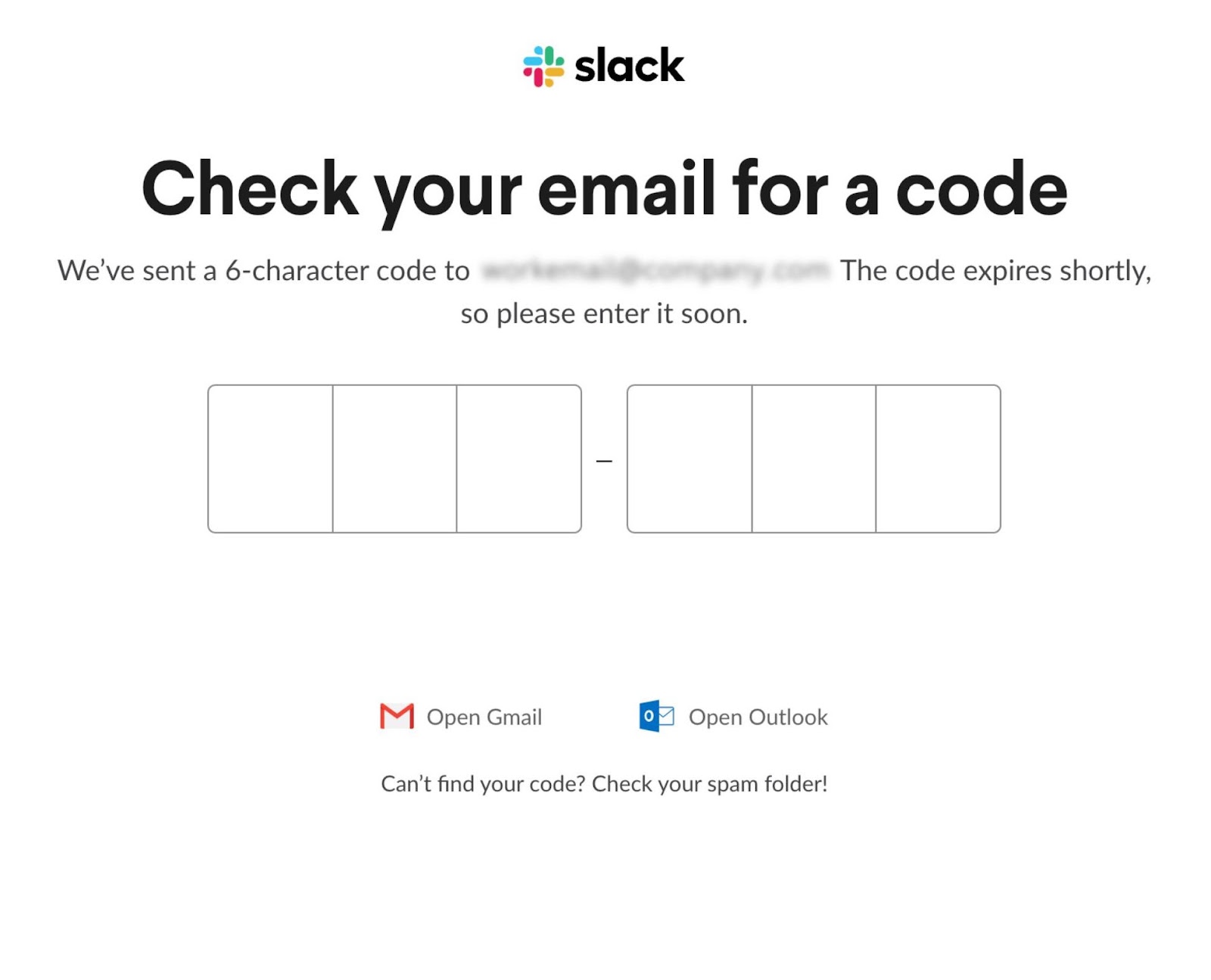 "Check your email for a code" pop up window in Slack
