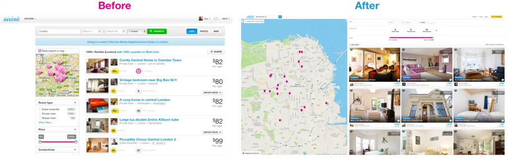 Airbnb's search page "before" and "after"