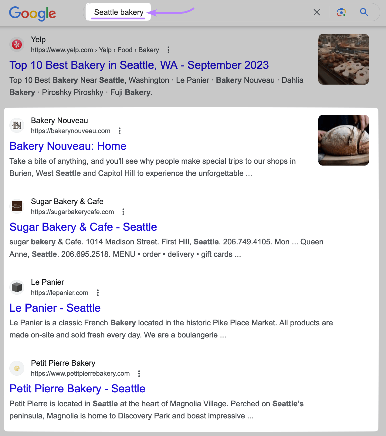Google's SERP for "Seattle bakery"
