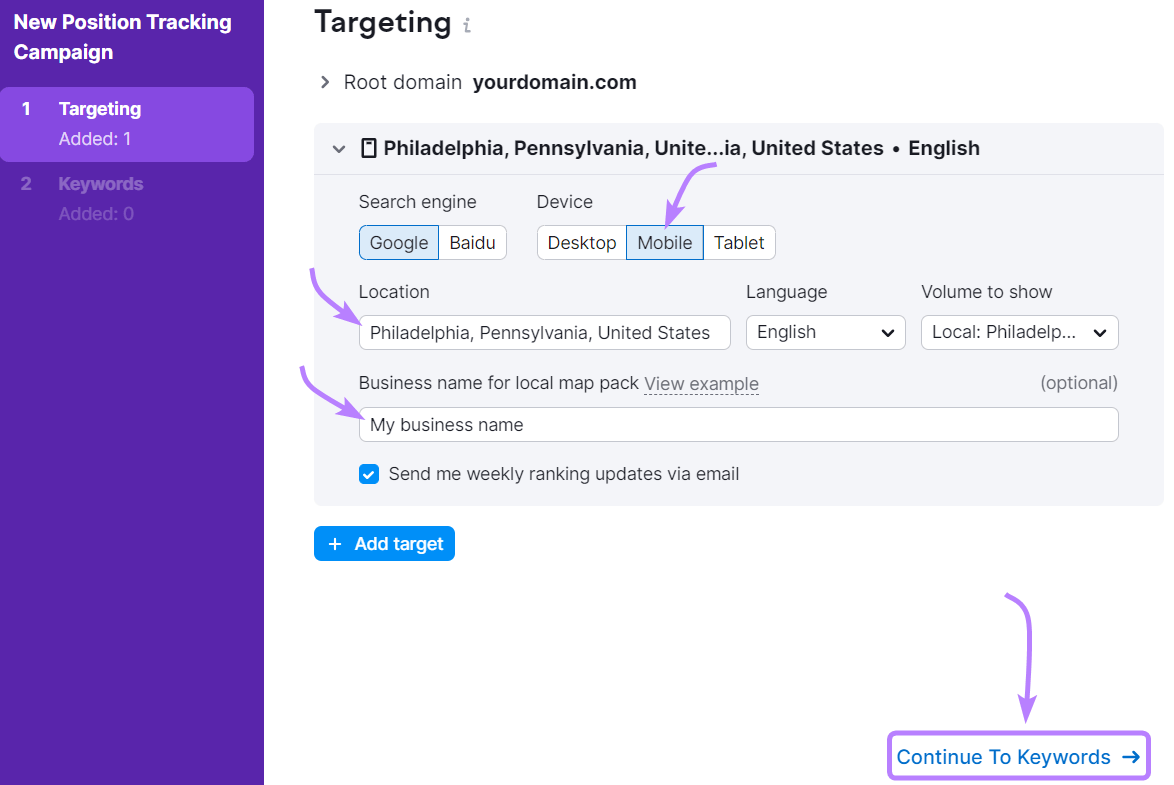 "Targeting" window in Position Tracking tool settings