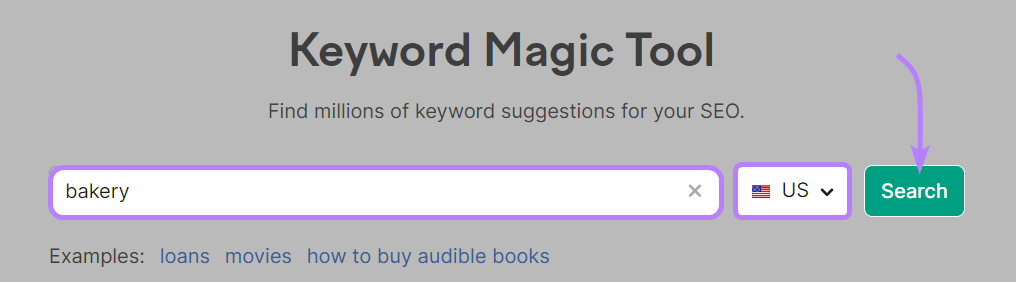 "bakery" entered into the Keyword Magic Tool search bar