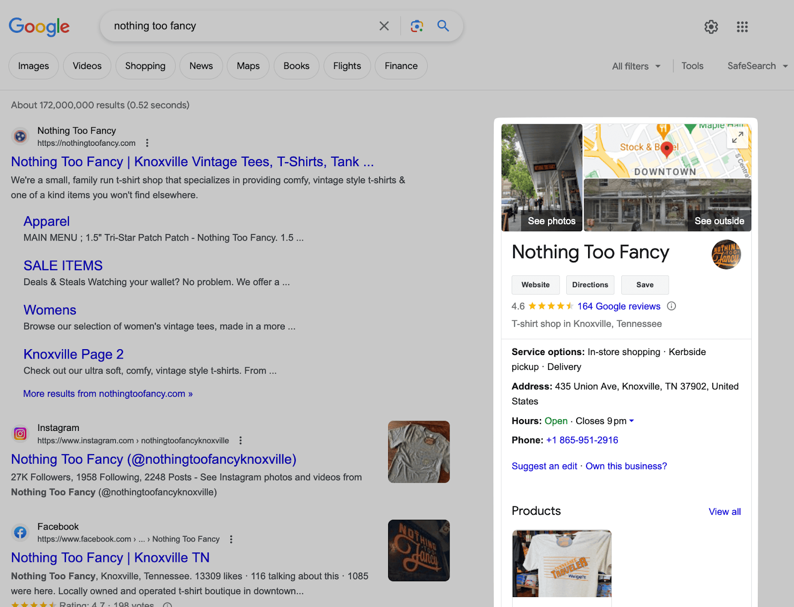 Nothing Too Fancy's Google business profile on search
