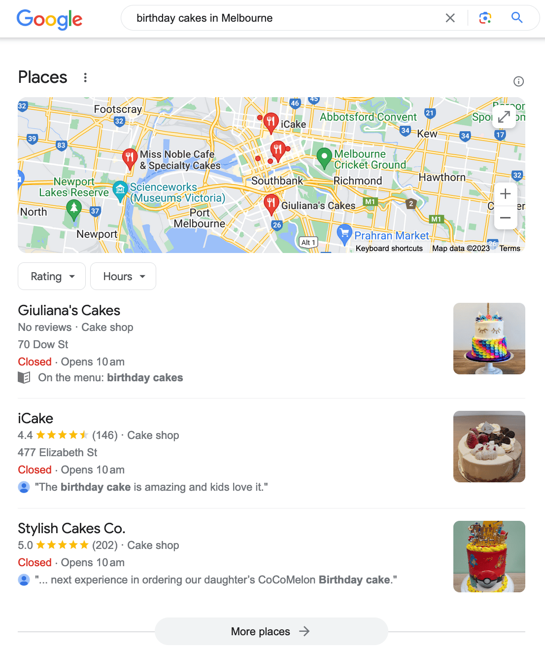 Google local pack results for “birthday cakes in Melbourne”