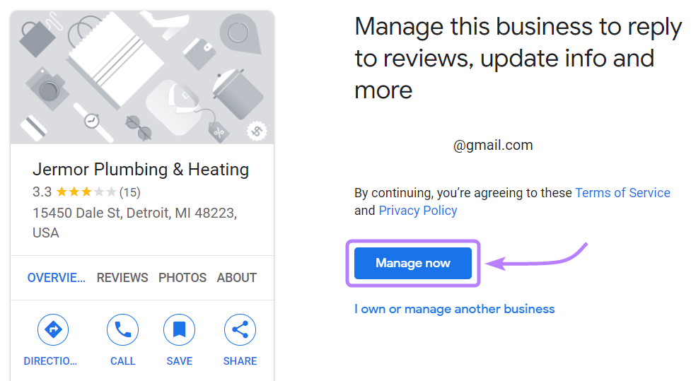 "Manage now" button selected