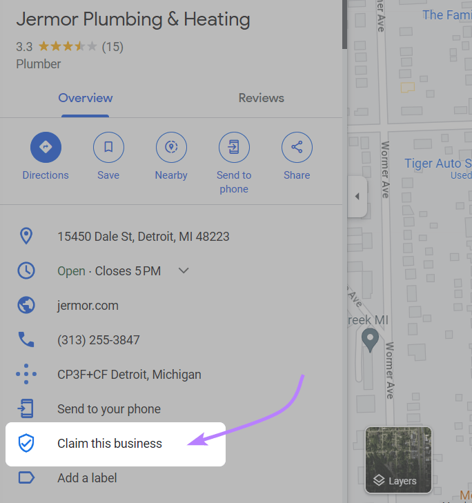 “Claim this business” selected under "Jermor Plumbing & Heating" business on Google Maps