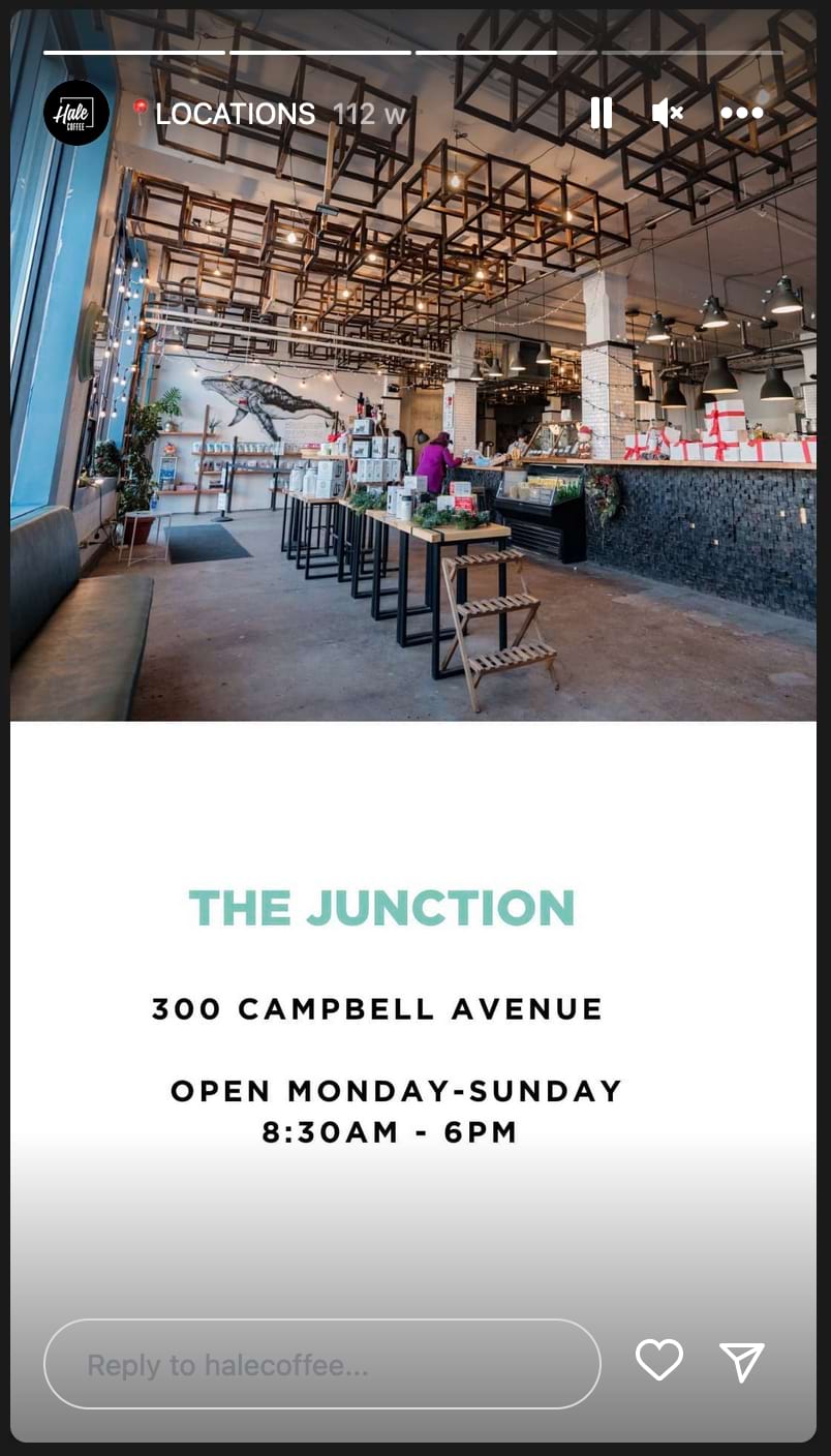 Hale Coffee's story with "The Junction" store location and opening hours