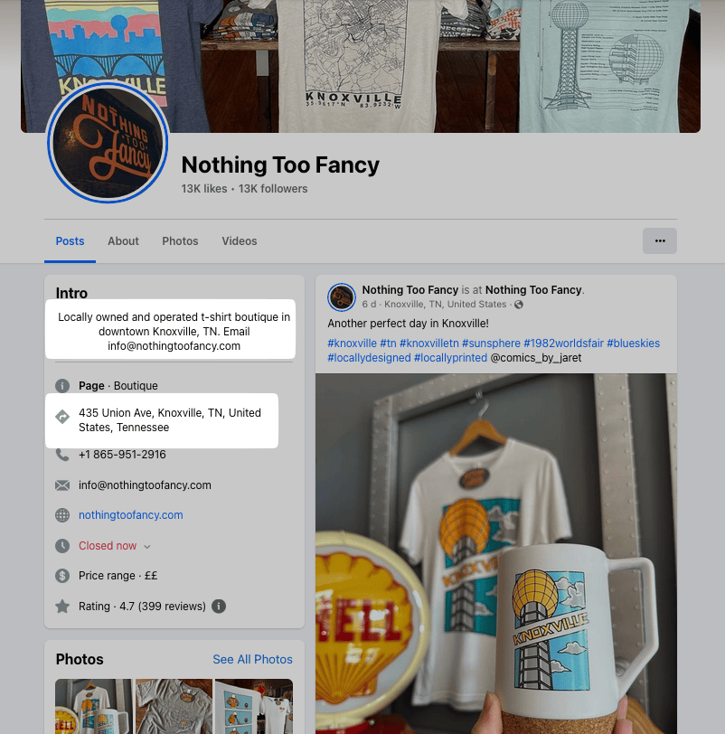 Nothing Too Fancy's Facebook profile with store location highlighted
