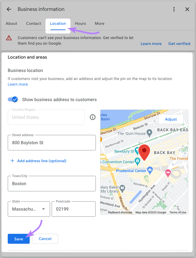 “Business location” data section highlighted under "Location" tab