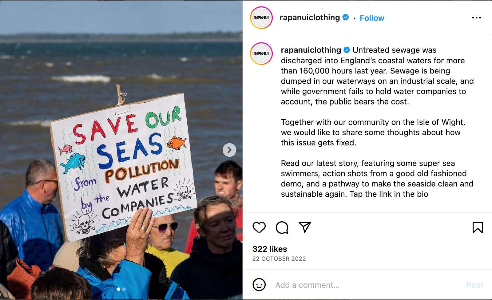 Rapanui's Instagram post about reducing pollution in the seas and what they do with the community