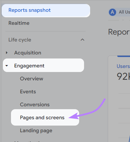 Navigating to “Pages and screens" in Google Analytics menu