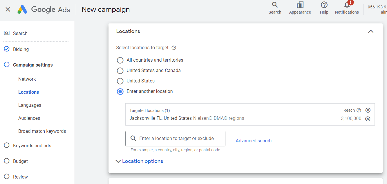 "Locations" section under "New campaign" in Google Ad