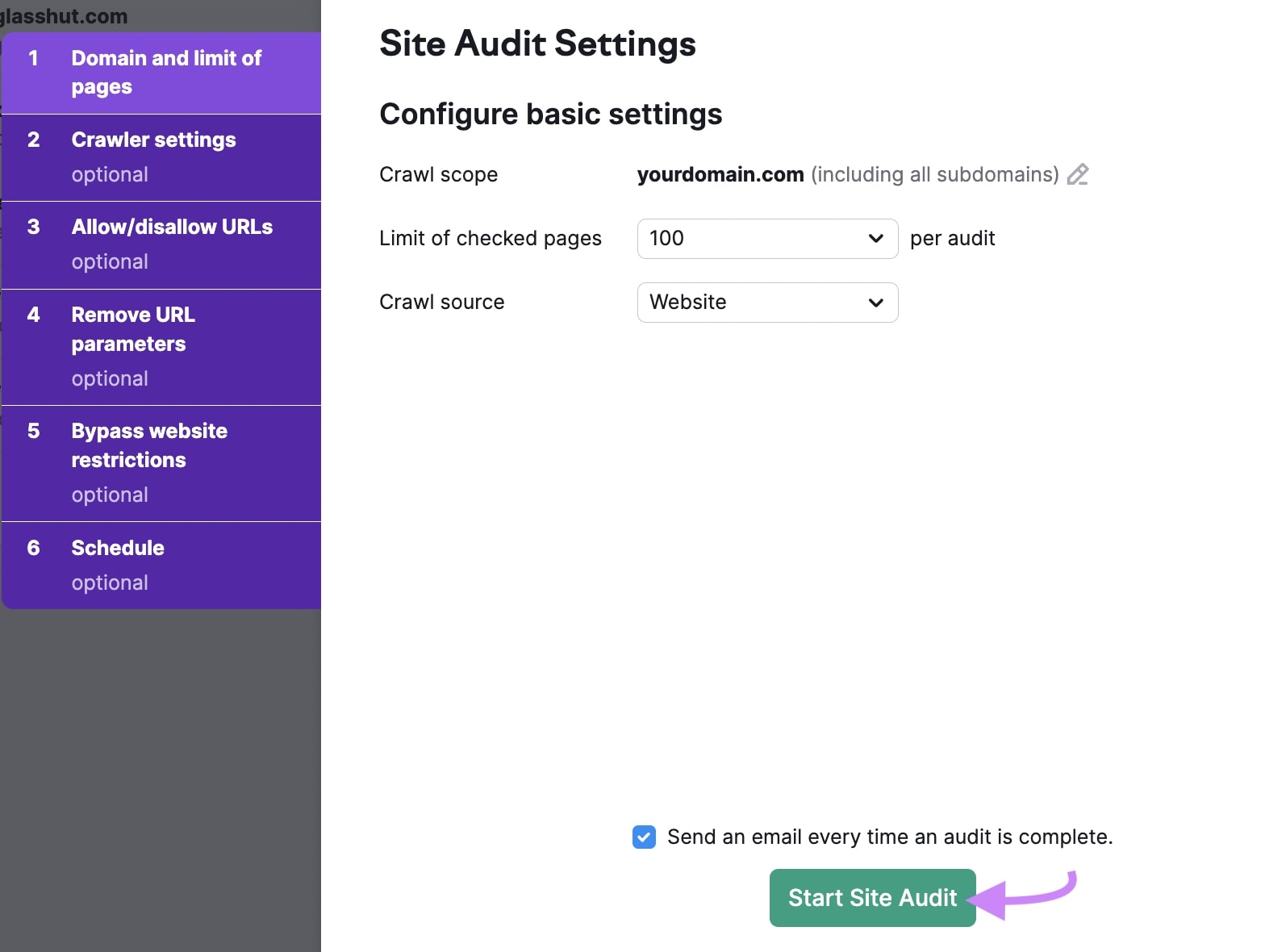 Site Audit Settings screen