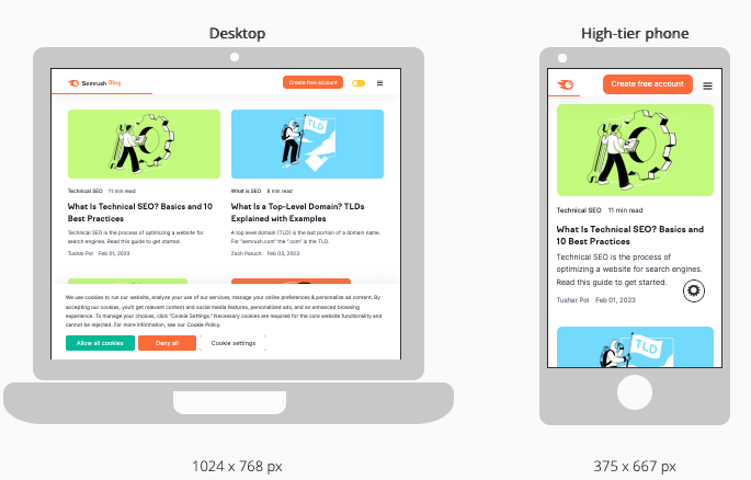 An infographic showing how Semrush Blog displays on desktop and high-tier phone