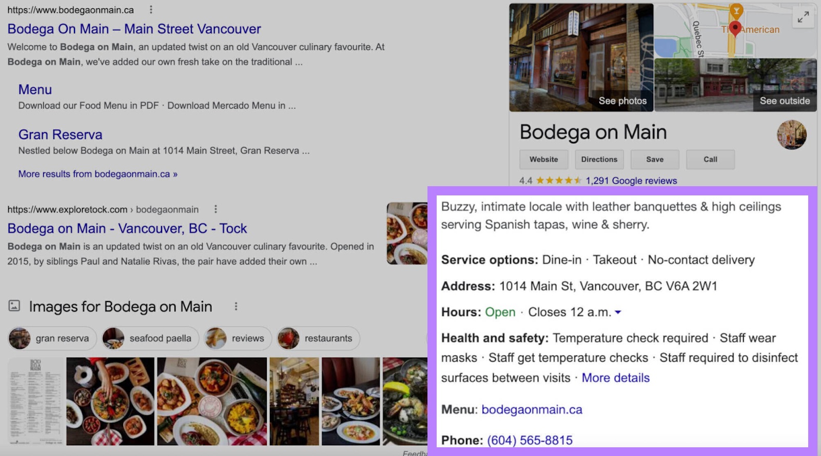 Bodega on Main profile on Google search