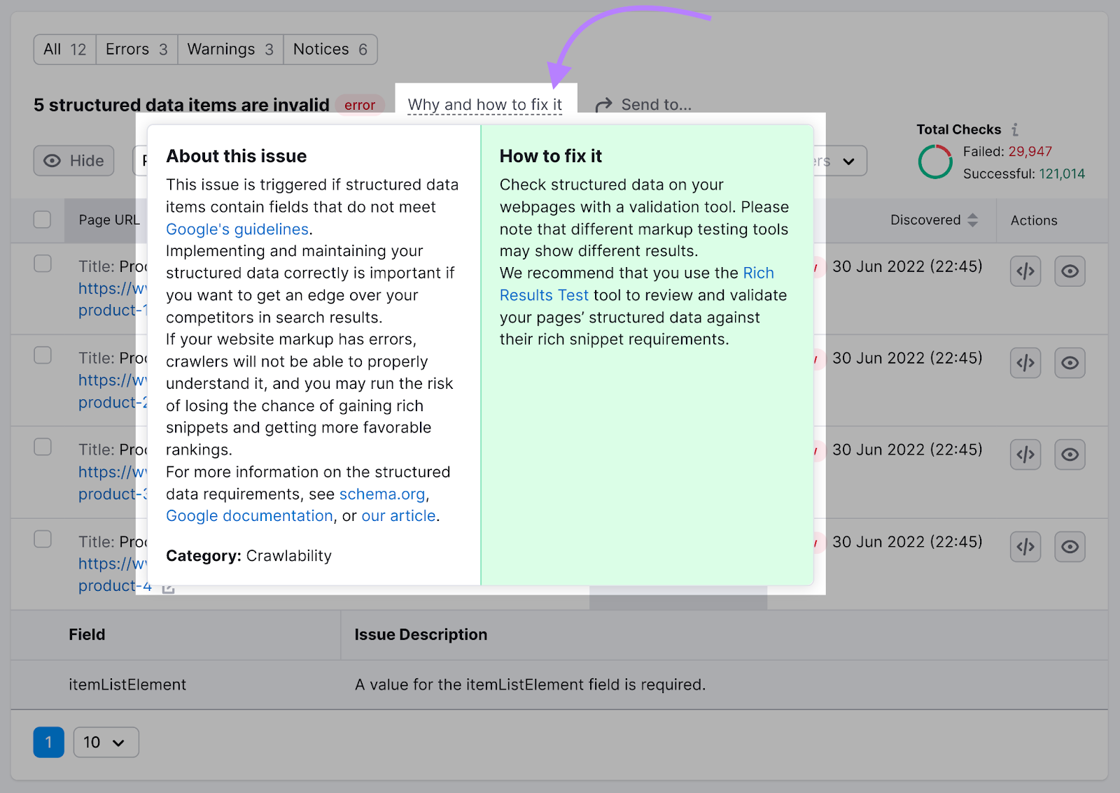 An example of “Why and how to fix it” section for invalid structured data items in Site Audit