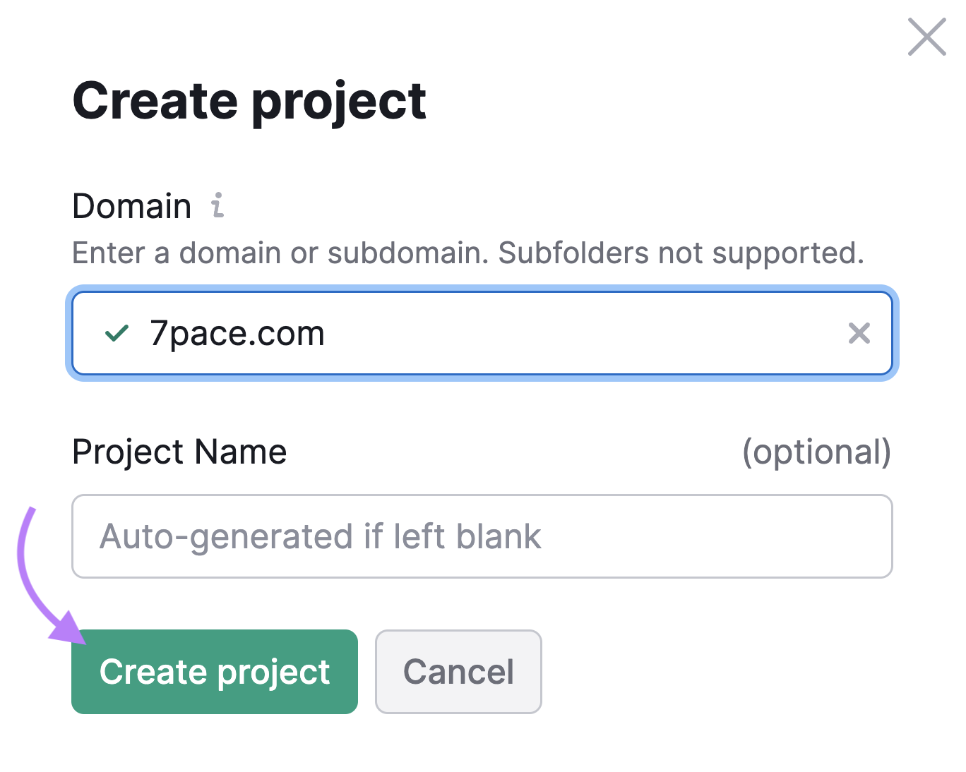 “Create project” pop up window in Site Audit