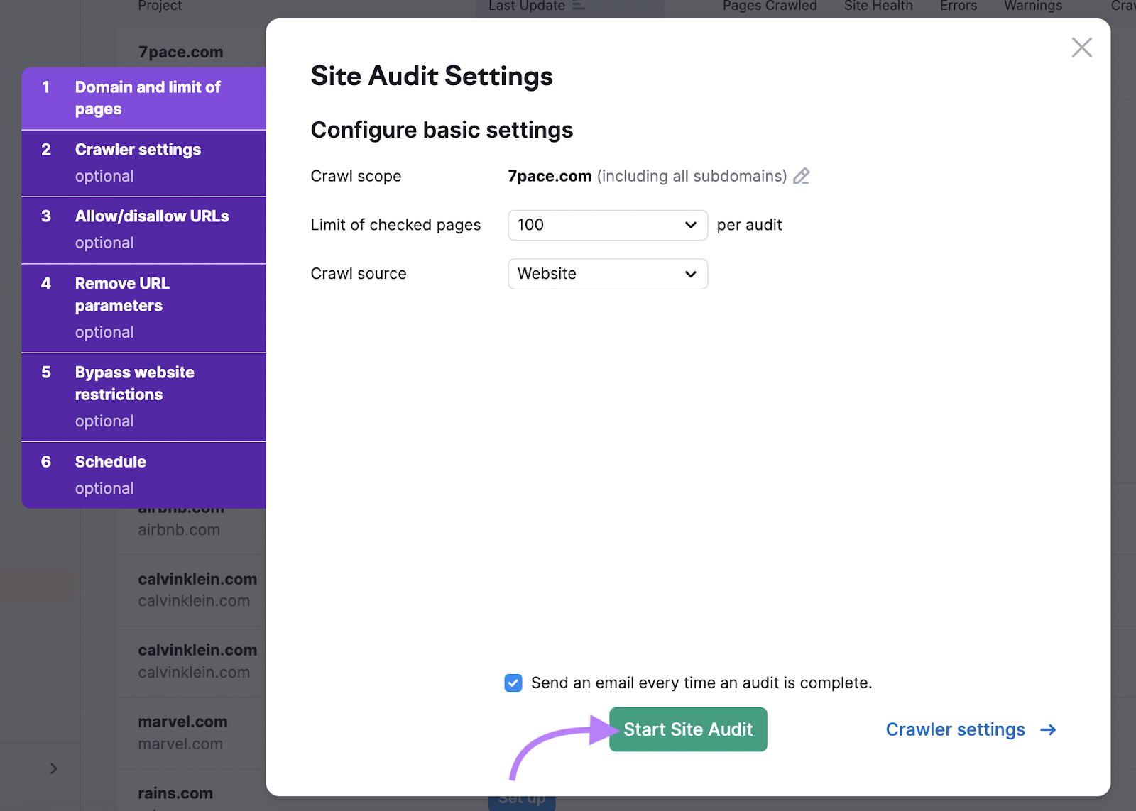 "Site Audit Settings" window