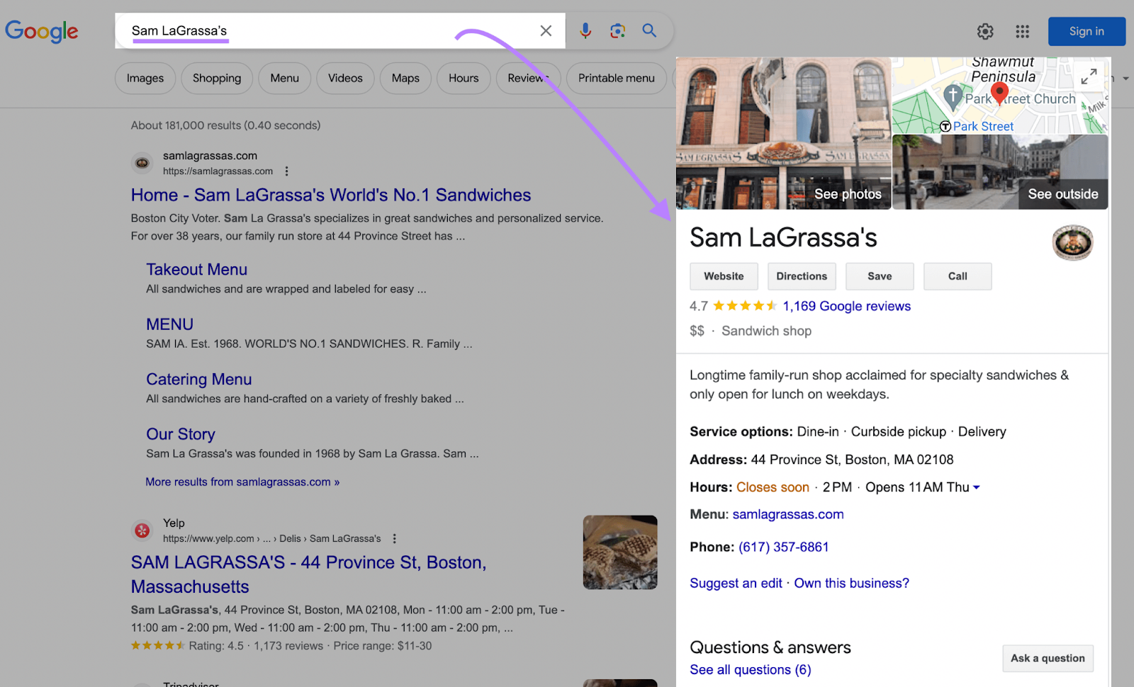 Sam LaGrassa's business profile on Google SERP
