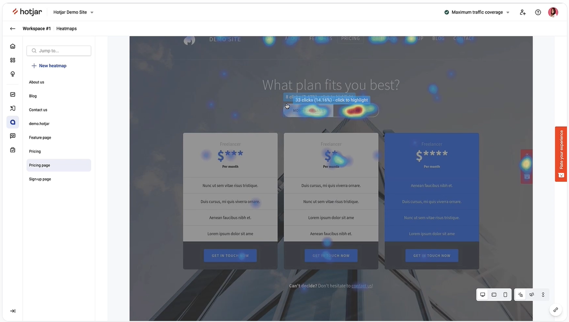 An example of Hotjar's heatmap for their Pricing page