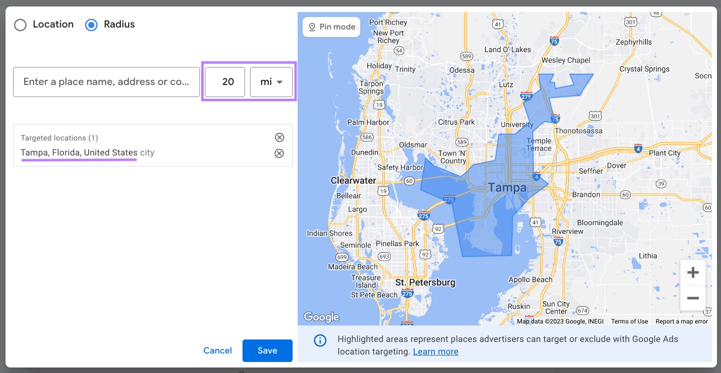 "Radius" option selected, showing a map around entered location: Tampa, Florida