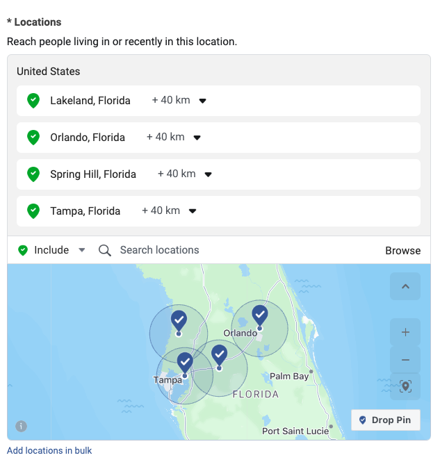 "Locations" section in Meta Ads Manager