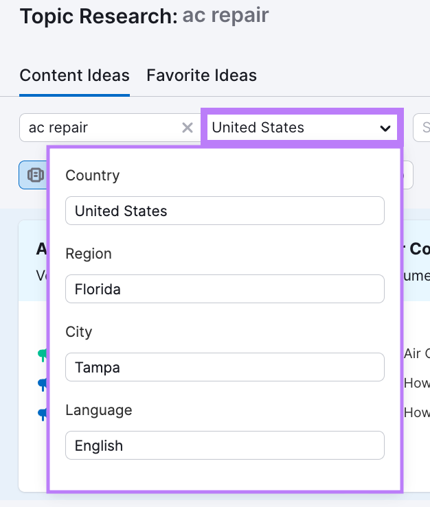 Location set to "Tampa, Florida, US" in Topic Research results