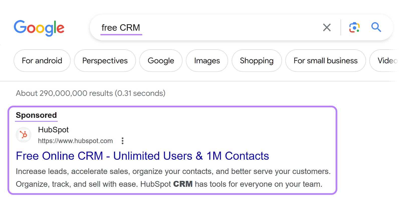 HubSpot’s search ad with "Free Online CRM" copy