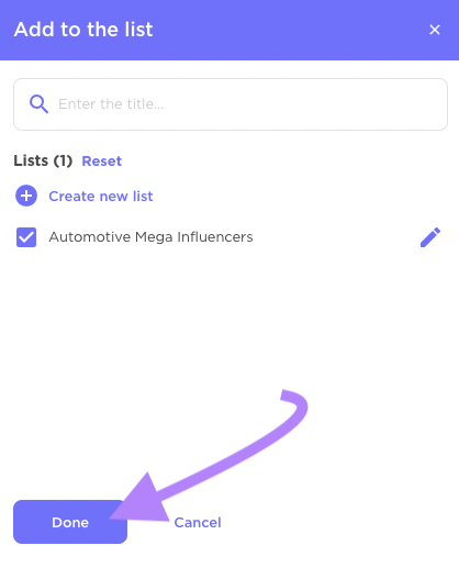 "Done" button highlighted at the bottom of "Add to the list" window