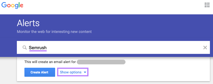 "Semrush" entered into Google Alerts search bar