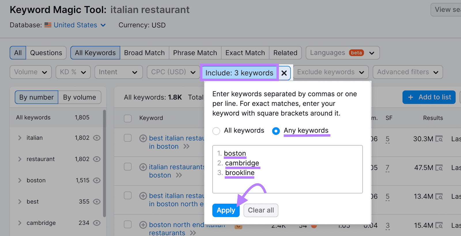 "boston," "cambridge," and "brookline" added under "Include keywords" filter