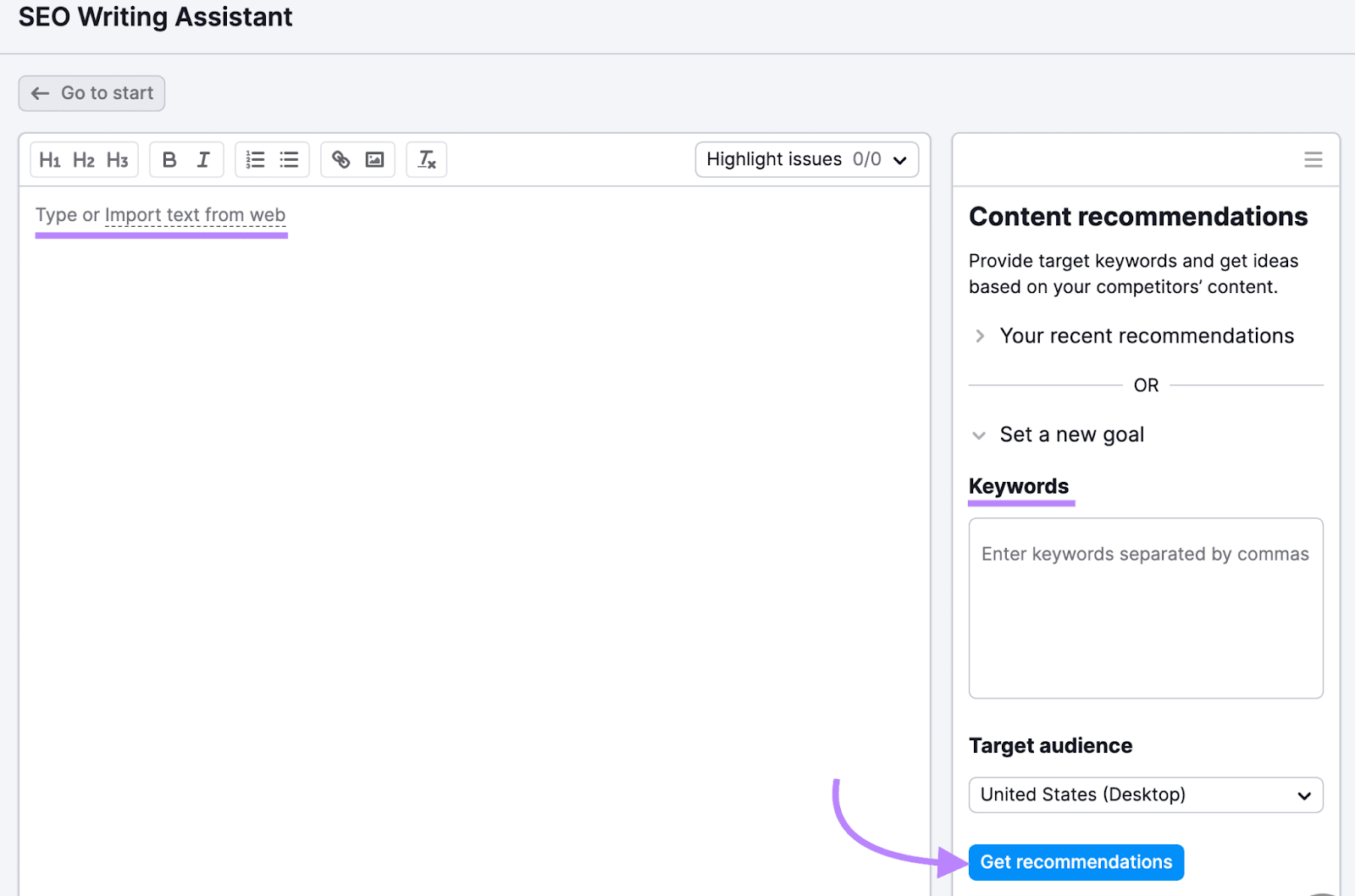 SEO Writing Assistant editor with "Get recommendations" button highlighted