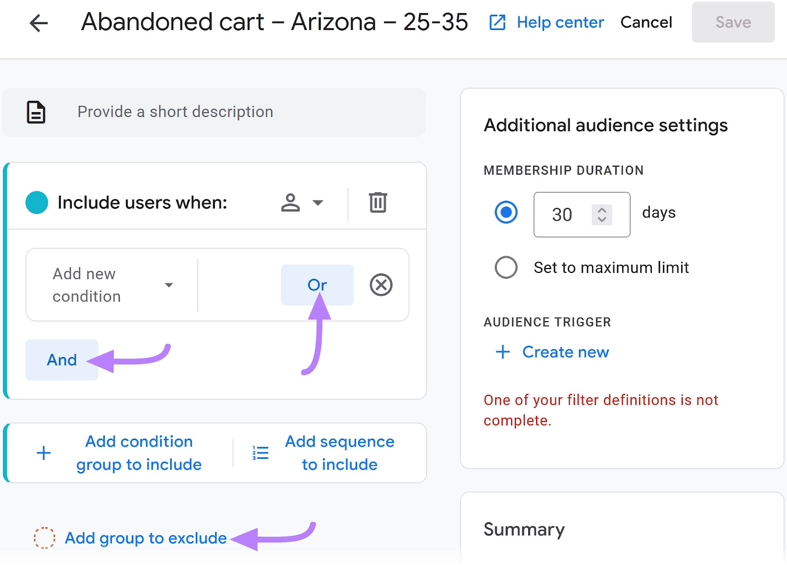 Audience editor page for "Abandoned cart - Arizona - 25-35"